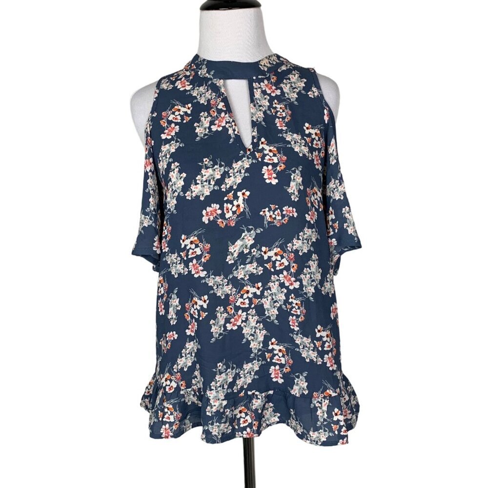 Sienna Sky Floral Cold Shoulder Blouse Top Keyhole Detail Size Small Blue White